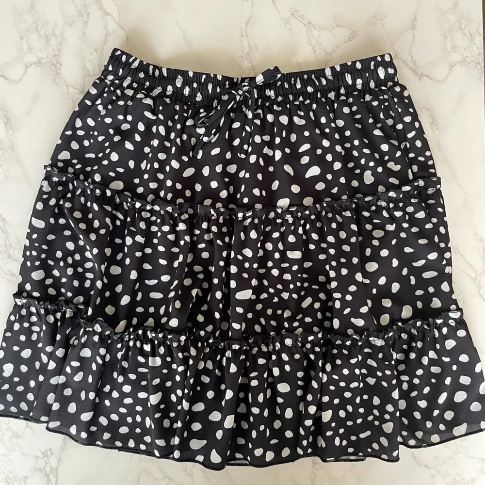 Polka Dot Skater Skirt - Black & White, Stretchy High-Waist, Pleated